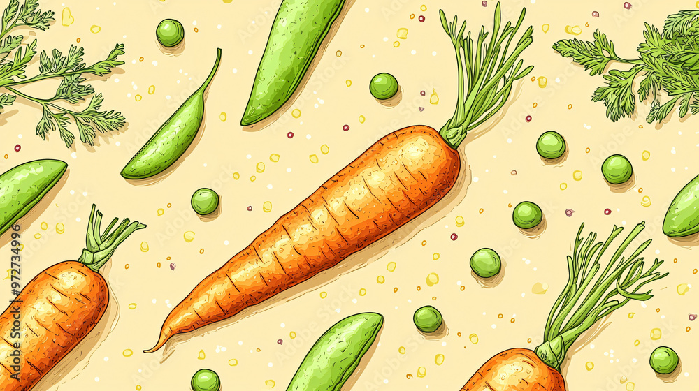 Culinary Seamless Pattern of Carrots and Peas with Fresh Dill Sprigs and Greenery Culinary Seamless Pattern of Carrots and Peas with Fresh Dill Sprigs and Greenery