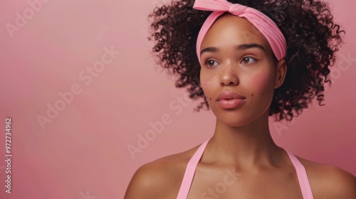 A young woman with curly hair wearing a pink headband poses against a soft pink background, showcasing natural beauty and skincare in a relaxed setting