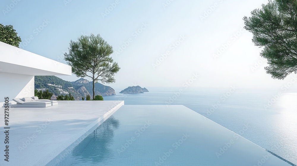 Obraz premium 3D rendering of a luxury beach lounge with an outdoor pool