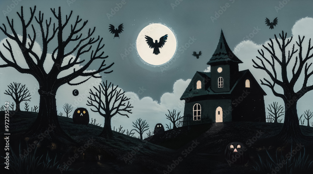 Fototapeta premium Haunted House & Halloween Night. Spooky Haunted House on Halloween Night: Dark Silhouettes of Trees, Owls, and a Raven Under a Full Moon.