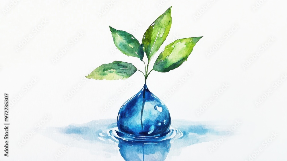 A watercolor depiction of a growing plant emerging from a droplet of water surrounded by ripples on a serene background