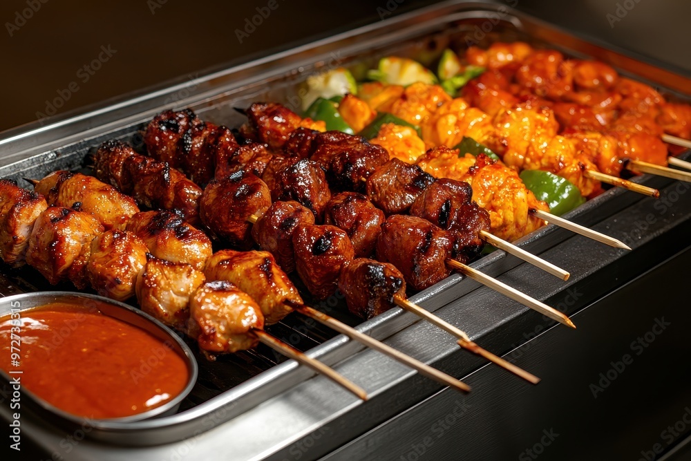 Buffet featuring a wide selection of grilled skewers, including chicken, beef, and vegetables, served with various sauces Buffet featuring a wide selection of grilled skewers, including chicken, beef, and vegetables, served with various sauces