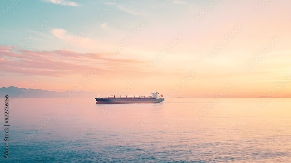 solitary cargo ship in the distance, moving across a calm sea with the horizon glowing softly in the warm solitary cargo ship in the distance, moving across a calm sea with the horizon glowing softly in the warm