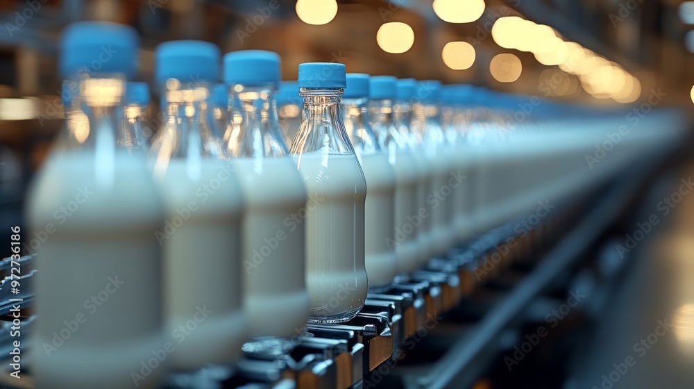 Milk production on line at the factory. glass bottle with blue cap. Milk production on line at the factory. glass bottle with blue cap.