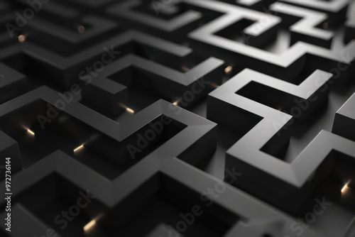 A close-up view of a complex, black maze design featuring intricate patterns and subtle lighting effects.