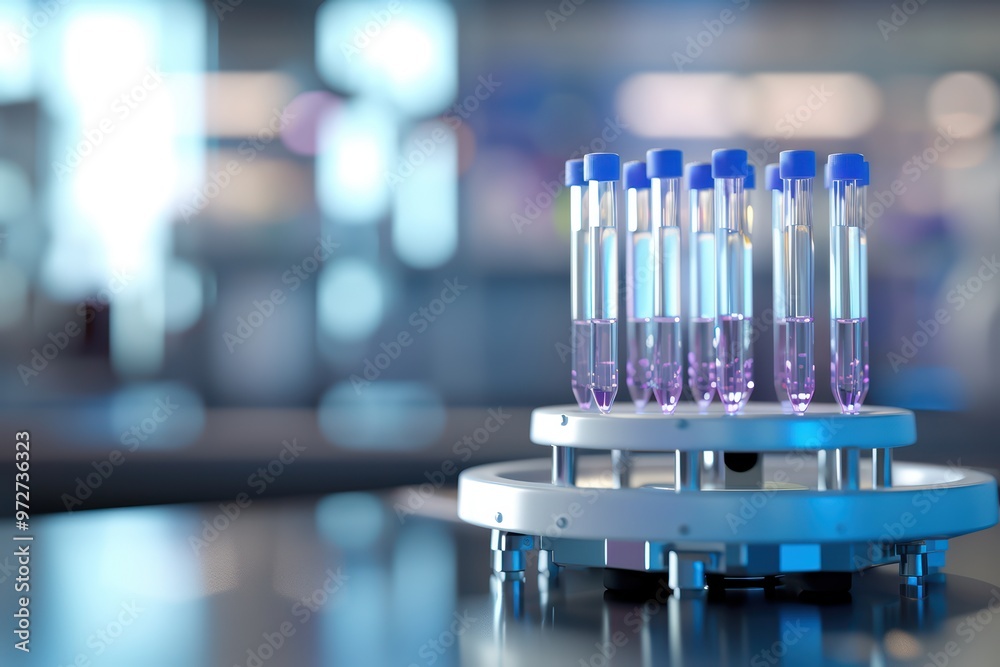 A collection of test tubes filled with purple liquid, arranged on a scientific platform in a modern laboratory setting. A collection of test tubes filled with purple liquid, arranged on a scientific platform in a modern laboratory setting.