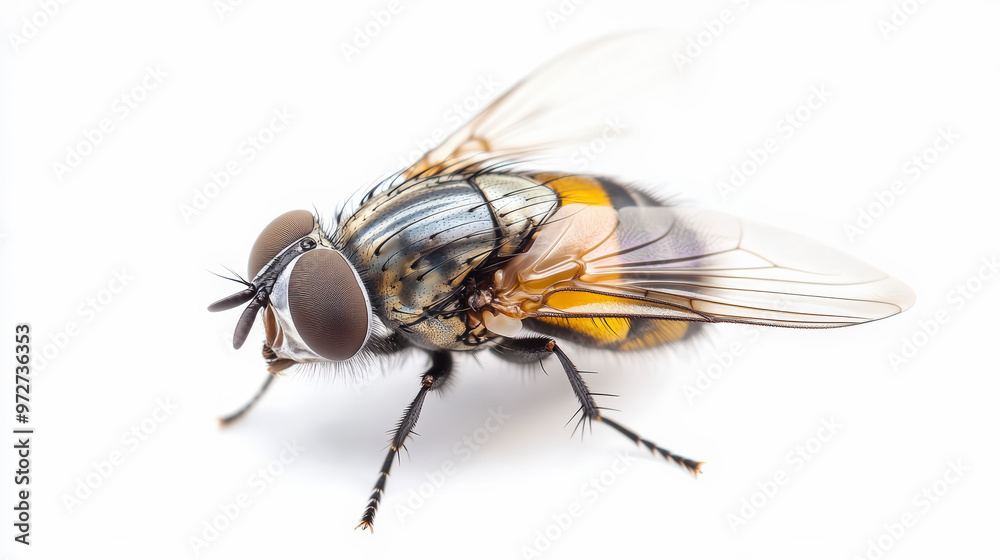 A detailed close-up image of a housefly with translucent wings, large compound eyes, and segmented body, set against a clean white background. A detailed close-up image of a housefly with translucent wings, large compound eyes, and segmented body, set against a clean white background.
