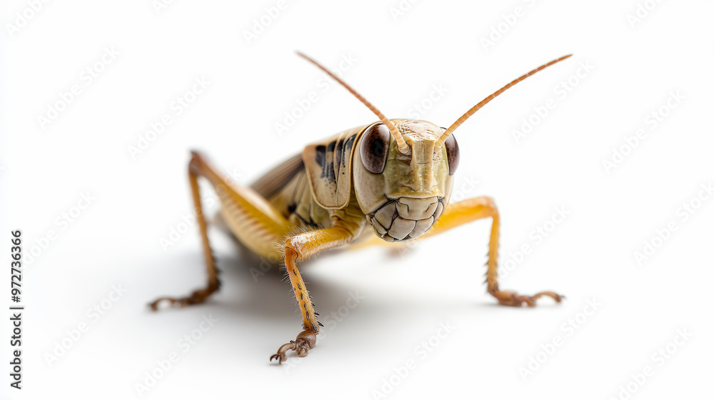 Close-up of a grasshopper on a white background, showcasing its intricate details and features in a sharp and clear image. Close-up of a grasshopper on a white background, showcasing its intricate details and features in a sharp and clear image.