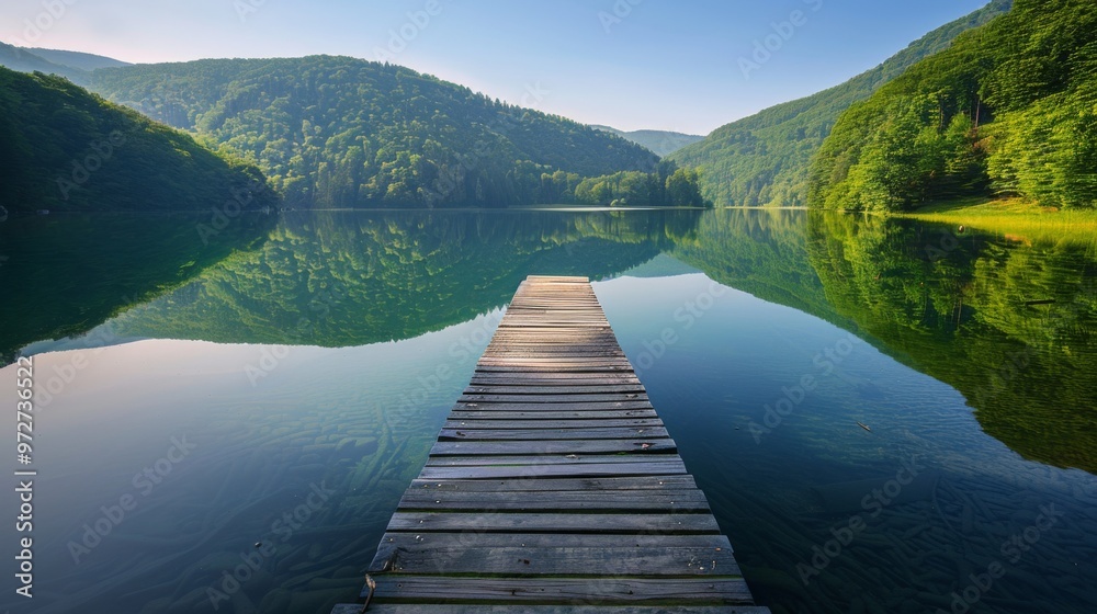 A serene wooden dock extends into the calm waters of a picturesque lake surrounded by lush green mountains at dawn A serene wooden dock extends into the calm waters of a picturesque lake surrounded by lush green mountains at dawn