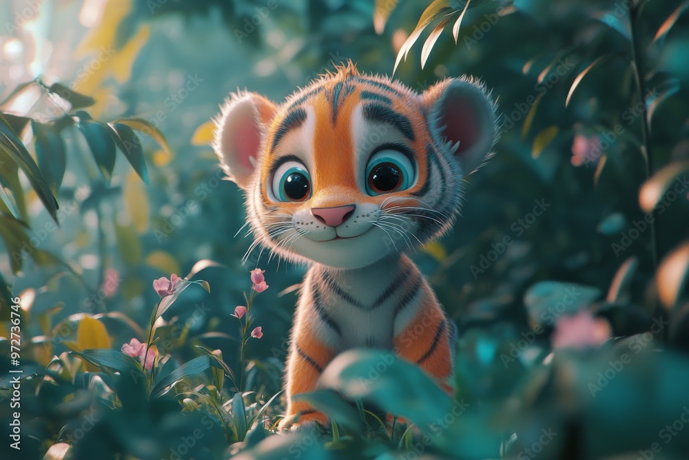 In a style of children's friendly cartoon animation fantasy, this cute baby tiger is rendered using generative AI In a style of children's friendly cartoon animation fantasy, this cute baby tiger is rendered using generative AI