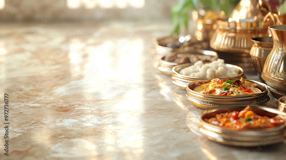 Closeup of gourmet Indian food in a shiny gold bowl, with other dishes and traditional decor in the background. Closeup of gourmet Indian food in a shiny gold bowl, with other dishes and traditional decor in the background.