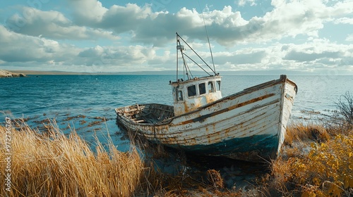 An abandoned boat rests on the shore, surrounded by tall grass, with a tranquil ocean and cloudy sky in the background.