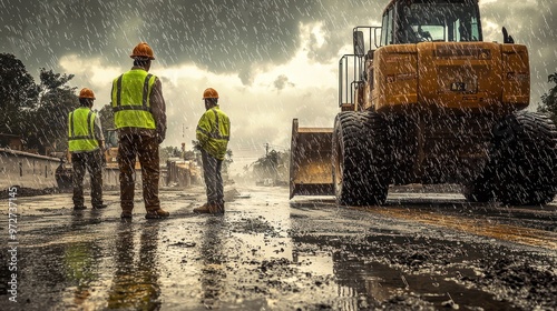 The back of an engineer wearing a yellow vest and orange helmet stands in front of an excavator on a construction site, with heavy rain falling from the sky. It is a rainy day with a blurred backgroun