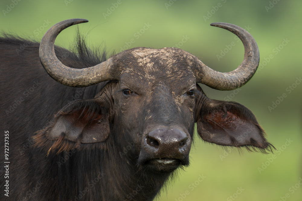Close-up of female Cape buffalo eyeing camera Close-up of female Cape buffalo eyeing camera
