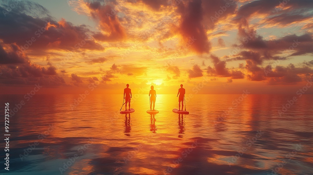 custom made wallpaper toronto digitalCouple enjoying a peaceful sunset paddleboarding session in calm tropical waters, surrounded by natural beauty. 4K hyperrealistic photo.