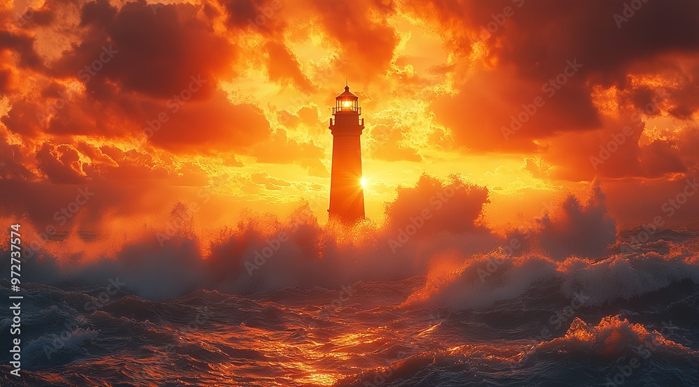 Lighthouse Amidst Tumultuous Waves at Sunset, Symbolizing Hope and Guidance. AI generated illustration