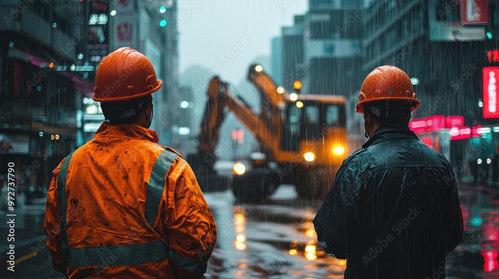 A construction worker wearing a yellow vest and orange helmet standing in front of heavy machinery on the street, with rain drops falling from above, Generative AI. A construction worker wearing a yellow vest and orange helmet standing in front of heavy machinery on the street, with rain drops falling from above, Generative AI.