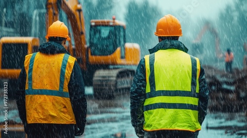 A construction worker wearing a yellow vest and orange helmet standing in front of heavy machinery on the street, with rain drops falling from above, Generative AI.