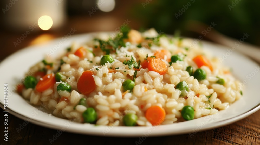 A plate of whole grain risotto with peas, carrots, and a light Parmesan cheese sauce. A plate of whole grain risotto with peas, carrots, and a light Parmesan cheese sauce.