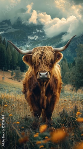 highland cattle, wallpaper, dreamscape portraiture, gigantic scale photo