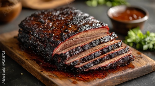 A perfectly smoked beef brisket sliced and presented on a wooden board, displaying the charred crust and juicy inside