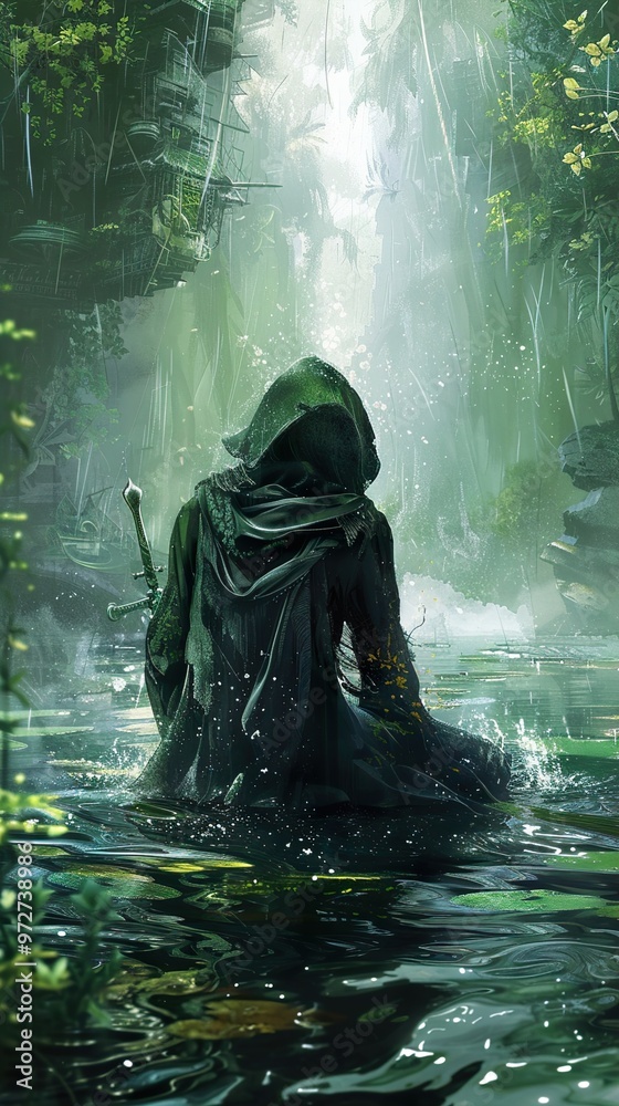 Mysterious Hooded Figure in a Lush, Foggy Jungle Mysterious Hooded Figure in a Lush, Foggy Jungle