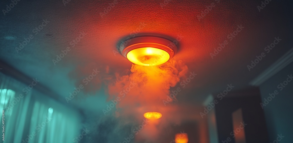 Fire Alarm with Smoke and Emergency Light Glowing Orange in Indoor Setting. AI generated illustration Fire Alarm with Smoke and Emergency Light Glowing Orange in Indoor Setting. AI generated illustration