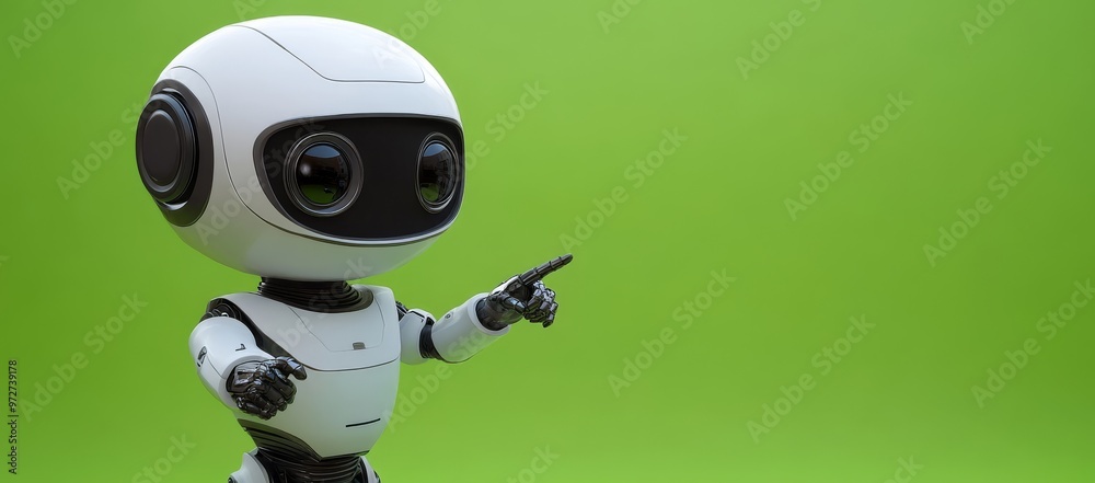 On a green background, a cute mini robot points to the copy space with two fingers. On a green background, a cute mini robot points to the copy space with two fingers.