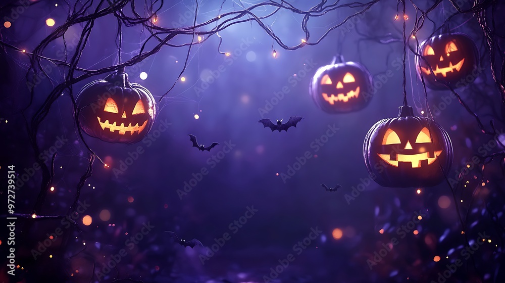 Fototapeta premium A Spooktacular Halloween Scene with Glowing Pumpkins and Flying Bats