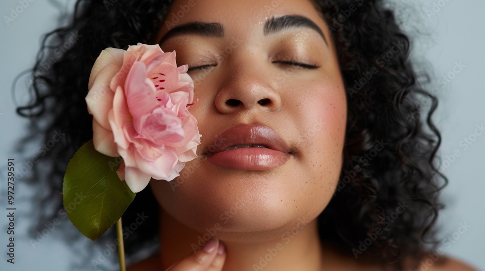 Graceful closeup of a plus-size woman holding a pink flower to her eye, exuding calm and natural beauty in a studio setting. Graceful closeup of a plus-size woman holding a pink flower to her eye, exuding calm and natural beauty in a studio setting.