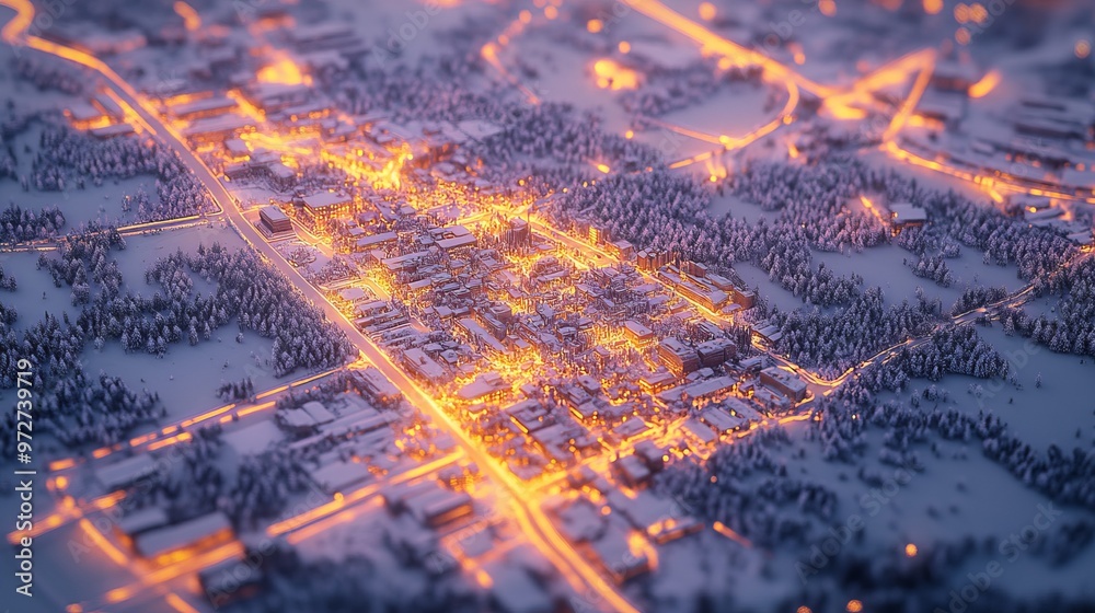 Heatmap of an urban landscape during winter, with warm colors highlighting areas of human activity and cooler tones representing snow-covered streets. 4K hyperrealistic photo. Heatmap of an urban landscape during winter, with warm colors highlighting areas of human activity and cooler tones representing snow-covered streets. 4K hyperrealistic photo.