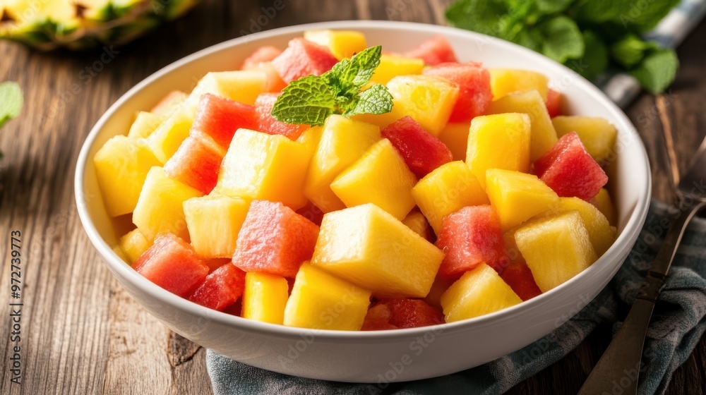 A refreshing bowl of mixed fruit salad with pineapple, mango, and melon cubes, A refreshing bowl of mixed fruit salad with pineapple, mango, and melon cubes,