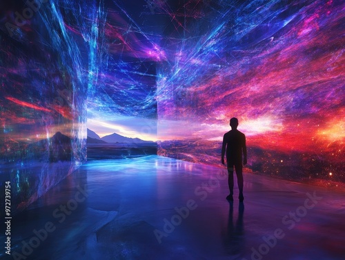 Silhouette of Person in Futuristic Digital Space with Vibrant Colors and Abstract Light Patterns