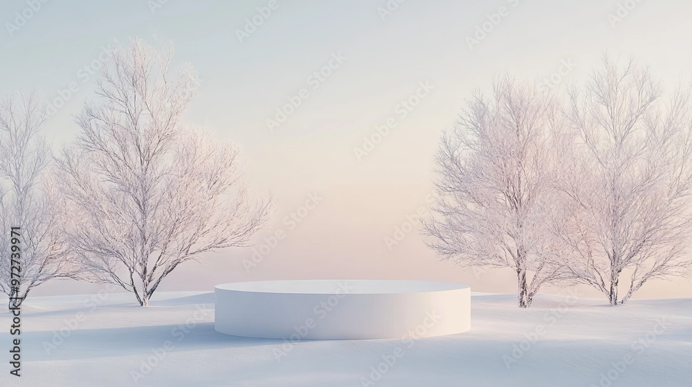 Fototapeta premium A round white pedestal placed in a serene snowy landscape surrounded by frosted trees, ideal for winter-themed product displays or nature concepts.
