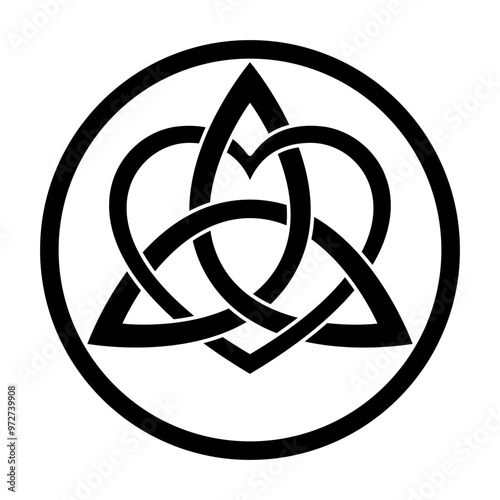Interlaced triquetra, interwoven with heart symbol, within a circle frame. Celtic knot and triangular figure, used in ancient Christian ornamentation, intertwined with heart symbol, within a border.