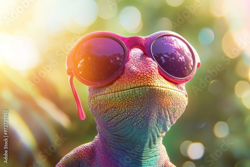 Cameleon wearing sunglasses against a solid color background, modern art, digital art, faceted, minimal, abstract.