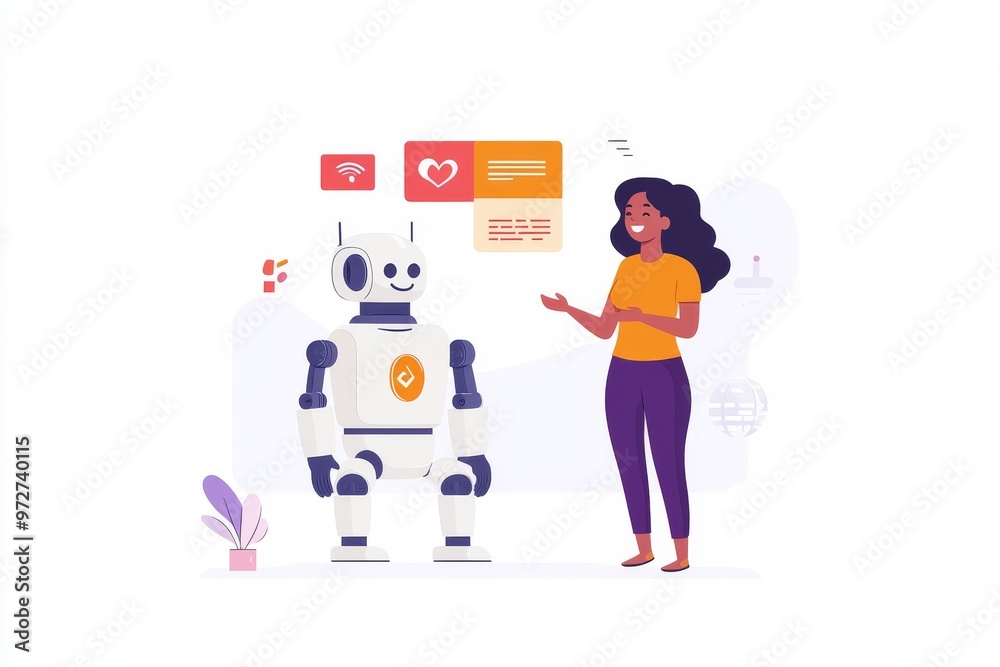 Person using AI chatbot to write text, girl gives prompt to a bot for writing articles, stock concept, modern illustration Person using AI chatbot to write text, girl gives prompt to a bot for writing articles, stock concept, modern illustration