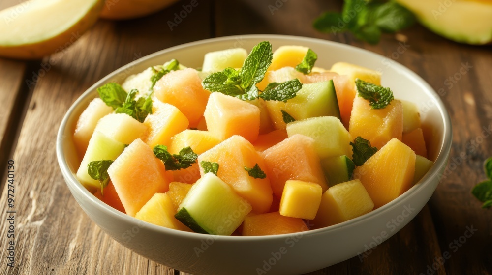 A refreshing bowl of mixed fruit salad with pineapple, mango, and melon cubes, A refreshing bowl of mixed fruit salad with pineapple, mango, and melon cubes,