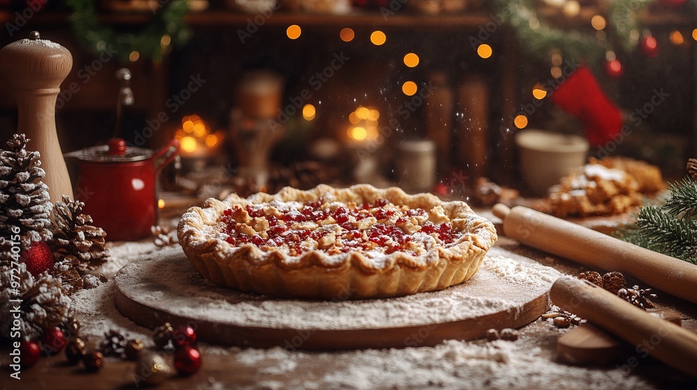 Baking Christmas pies in a festive kitchen, with rolling pins, flour, and holiday decorations creating a cozy atmosphere. 4K hyperrealistic photo. Baking Christmas pies in a festive kitchen, with rolling pins, flour, and holiday decorations creating a cozy atmosphere. 4K hyperrealistic photo.