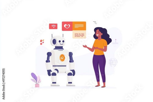 Person using AI chatbot to write text, girl gives prompt to a bot for writing articles, stock concept, modern illustration