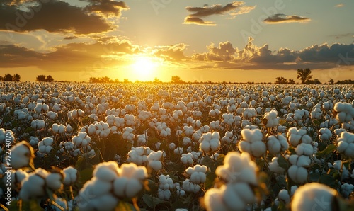 Serene Cotton Field at Sunset with Fluffy Bolls and Natural Textures. AI generated illustration