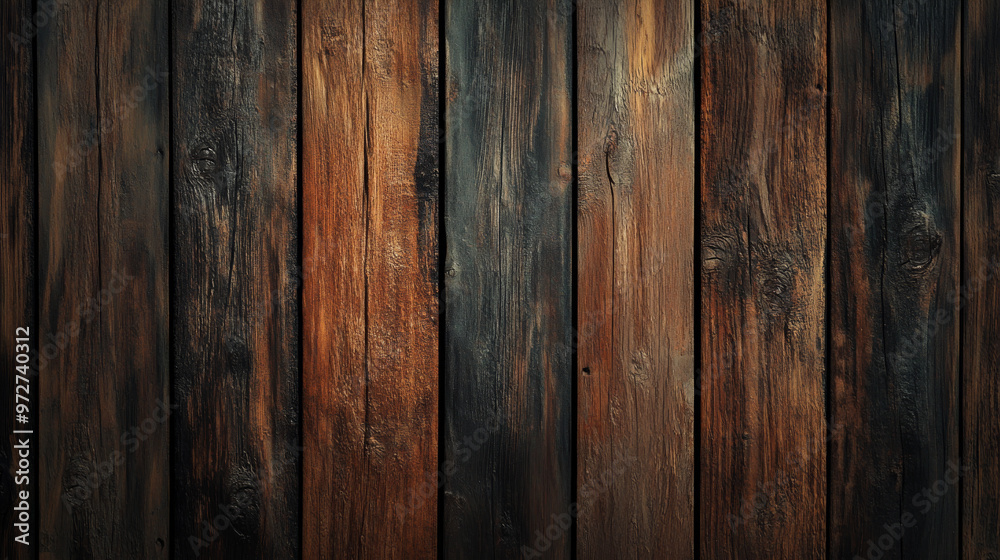 Obraz premium Close-up of a rustic wooden plank wall with dark, weathered textures and rich natural grain, ideal for backgrounds or design projects. 