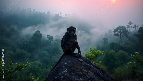 Black Macaque Monkey Sitting on a Rock Cliff with Misty Rainforest and Pink Sunset Sky