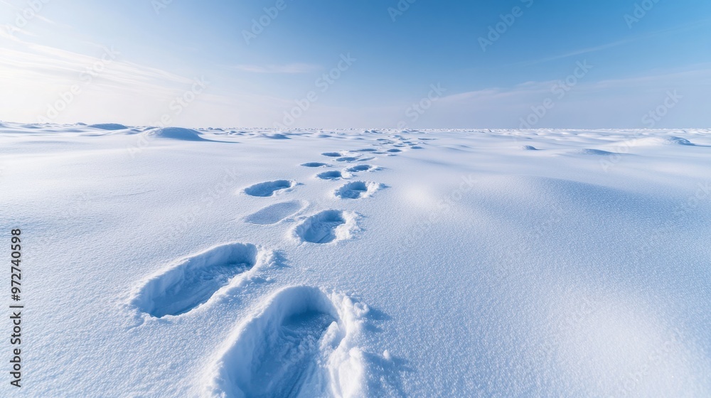 A close-up of a Siberian Husky pawprints in the snow, leading toward a distant horizon under a clear winter sky A close-up of a Siberian Husky pawprints in the snow, leading toward a distant horizon under a clear winter sky