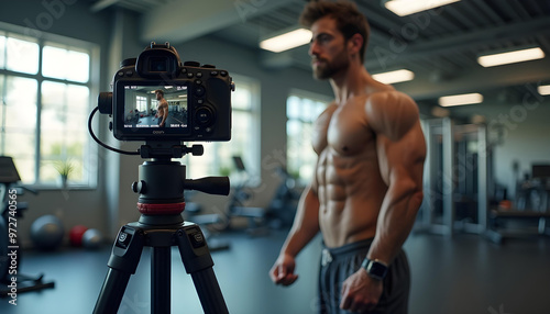 Muscular Man Filming Fitness Video in Gym with Camera on Tripod