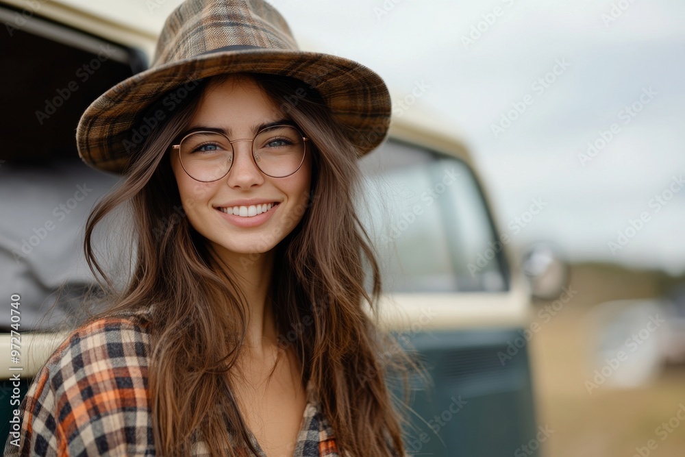 Stock technology creates a portrait of a woman wearing a hat and glasses smiling at the camera Stock technology creates a portrait of a woman wearing a hat and glasses smiling at the camera
