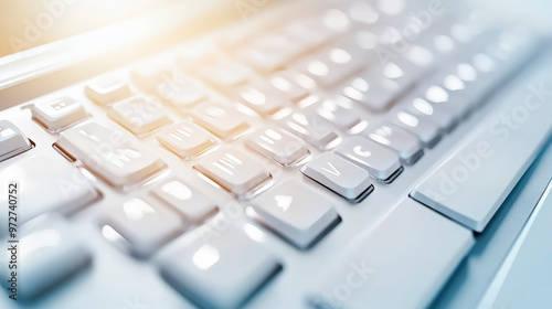 Close-up of a white computer keyboard with soft, natural lighting highlighting the keys, creating a modern and clean technological aesthetic.