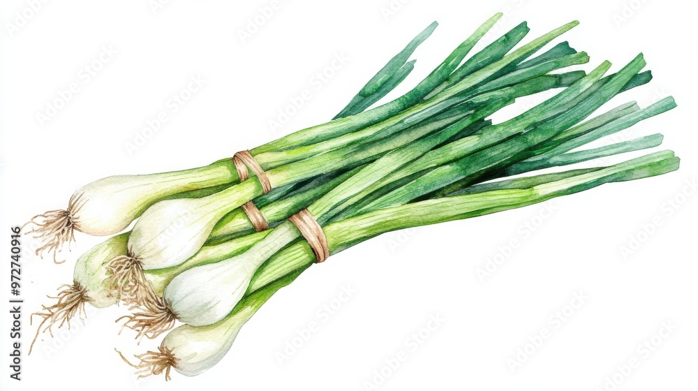 Fresh green onions bundled together, ready for use in cooking and garnishing meals at a local farmer's market Fresh green onions bundled together, ready for use in cooking and garnishing meals at a local farmer's market