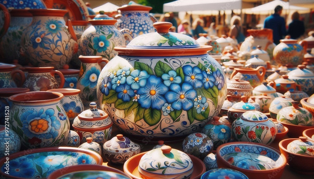 italienische Töpferwaren mit einem Vergissmeinnicht Motiv auf einem Markt in Italien