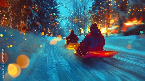 Heatmap of a Christmas day sledge ride, with vibrant colors highlighting the most thrilling moments and cooler tones in the calm, snowy landscape. 4K hyperrealistic photo. photo